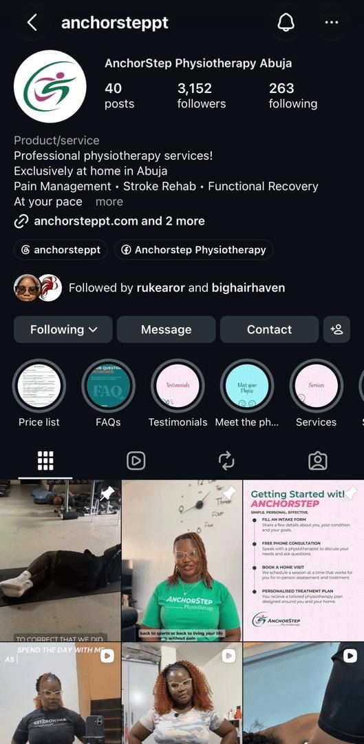 The AnchorStep Physiotherapy Instagram account, run by Swizel: 40 posts and 3,152 followers