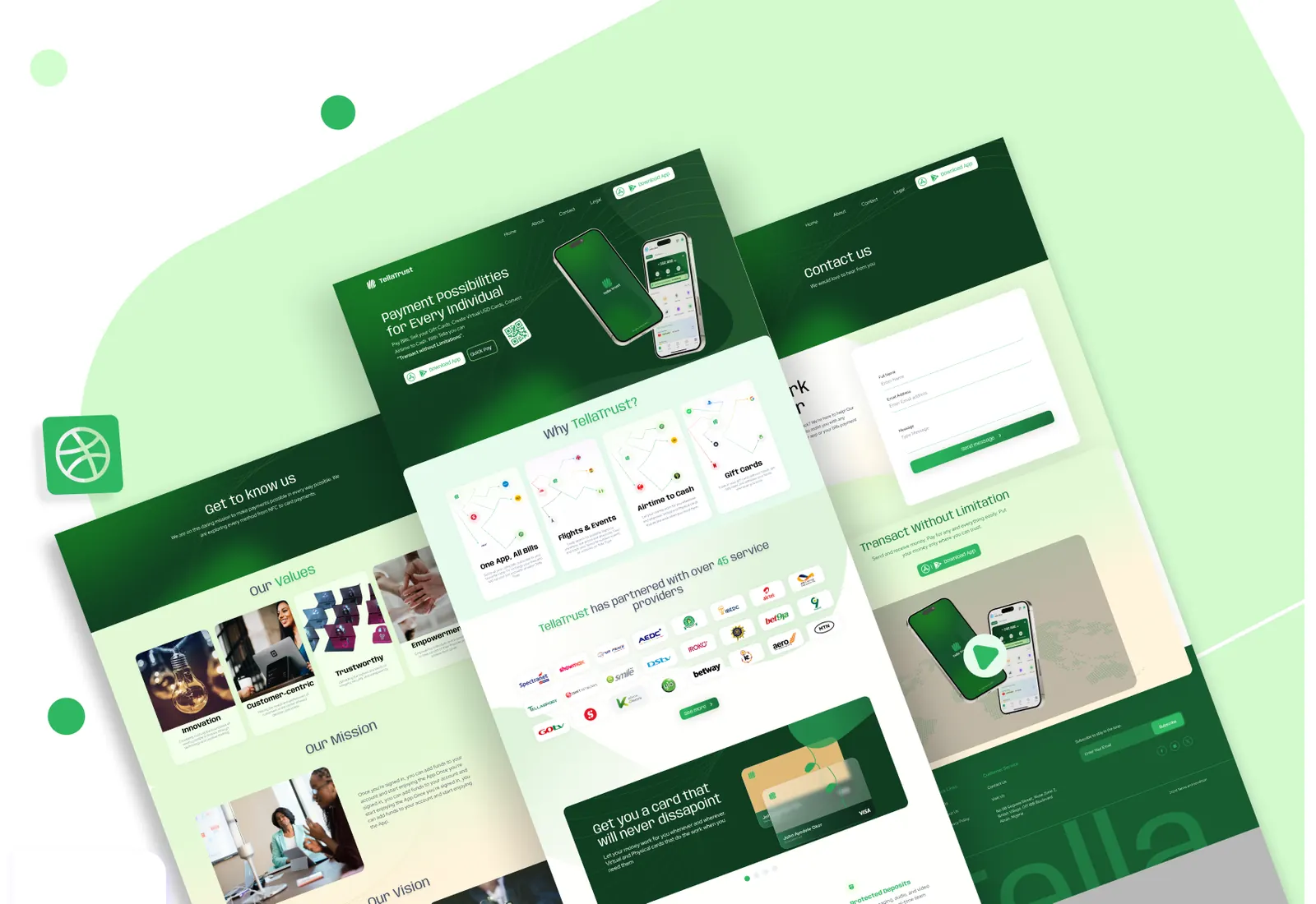Pages from the TellaTrust product design: the payments app and its marketing site